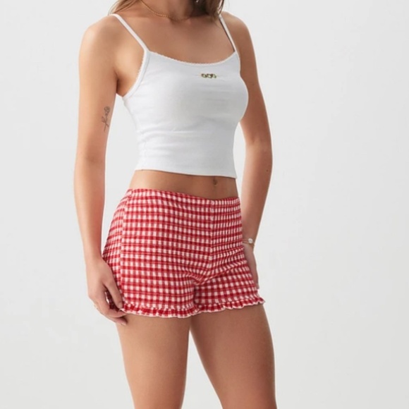 Ardene Smocked Gingham Shorts with Ruffled Hem - Picture 1 of 5